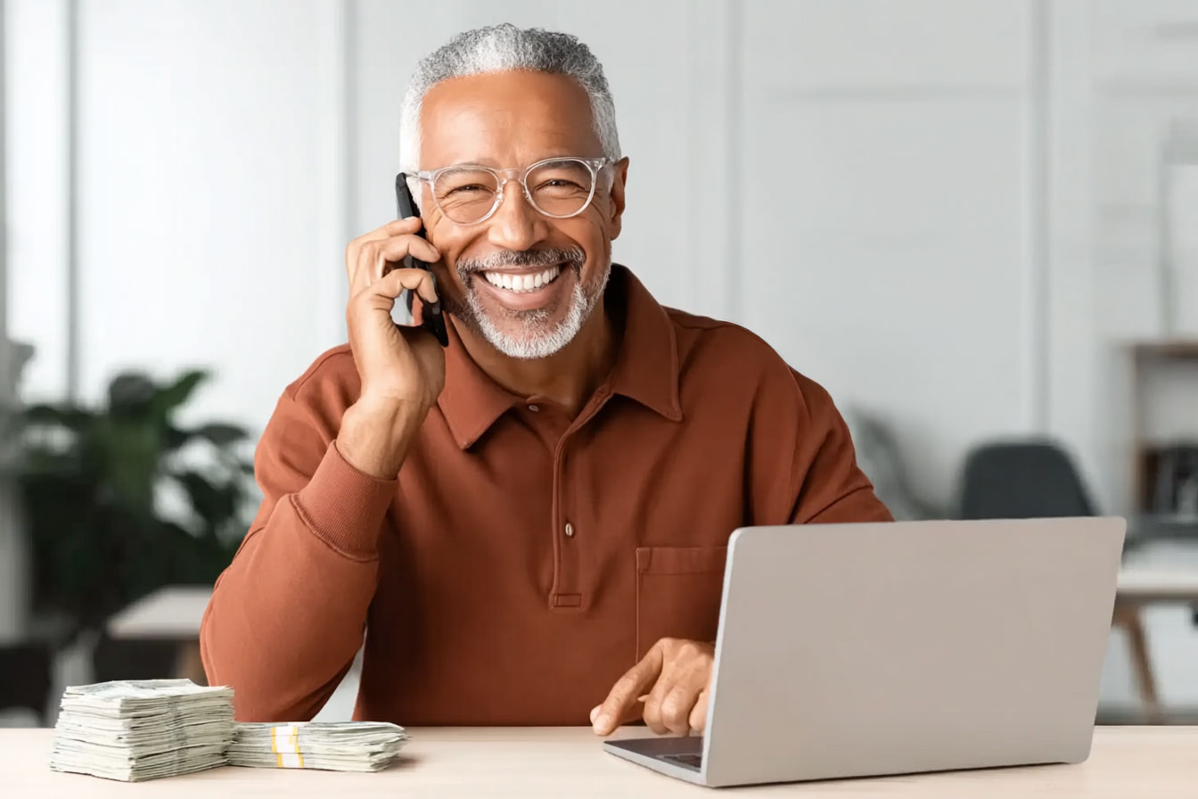 Successful businessman with laptop and money