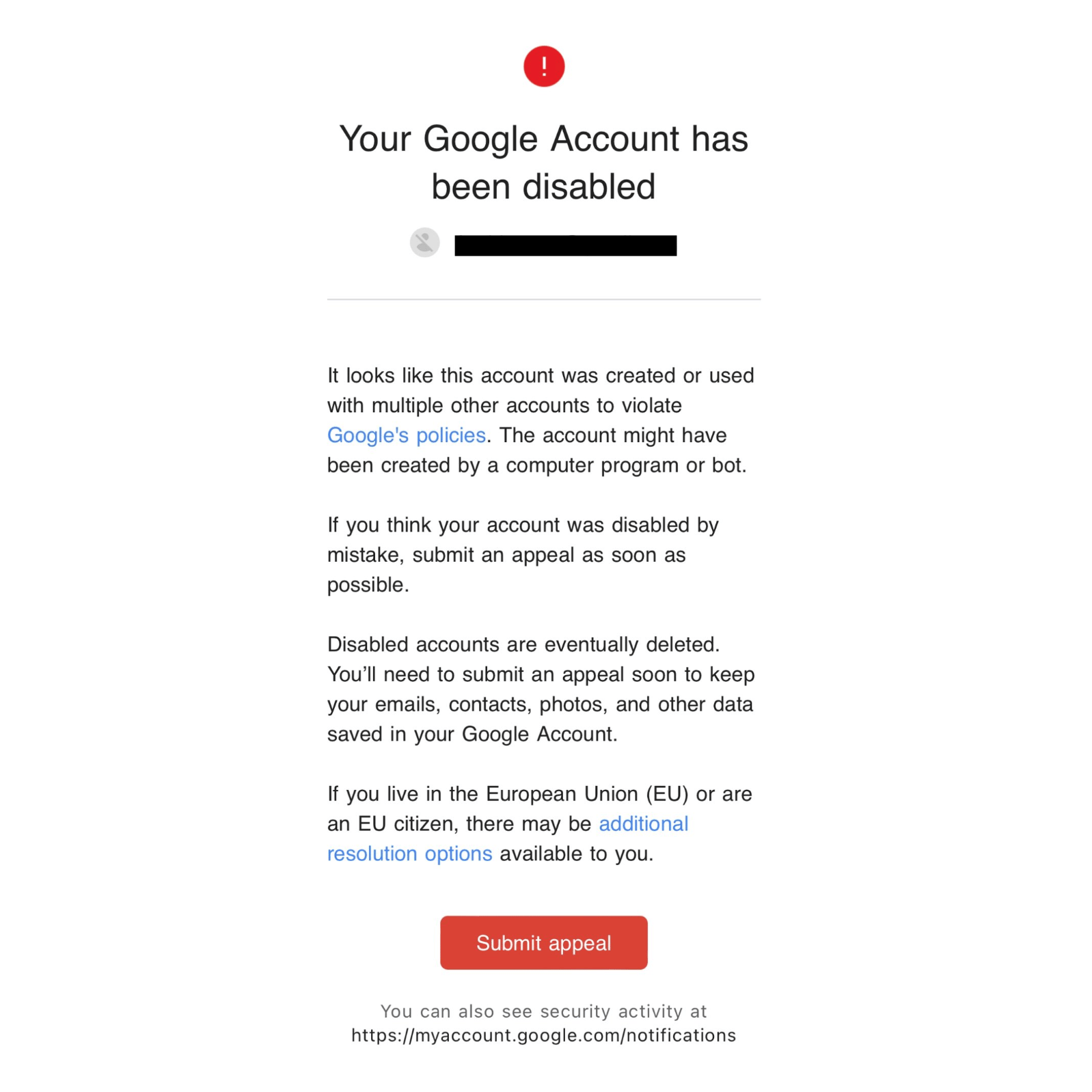 Your Google Account Has Been Disabled
