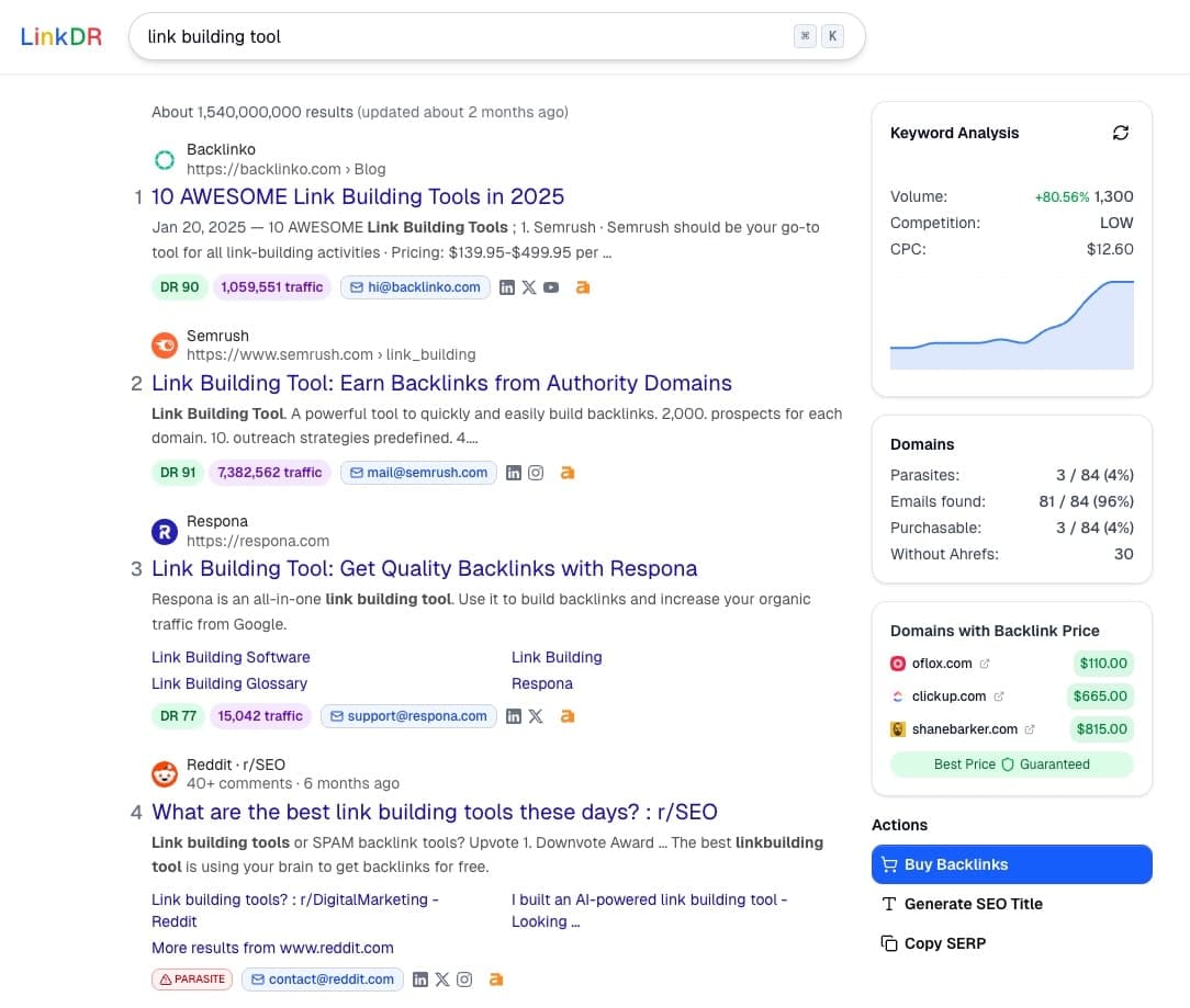 Keyword SERP analysis showing sites selling backlinks with pricing