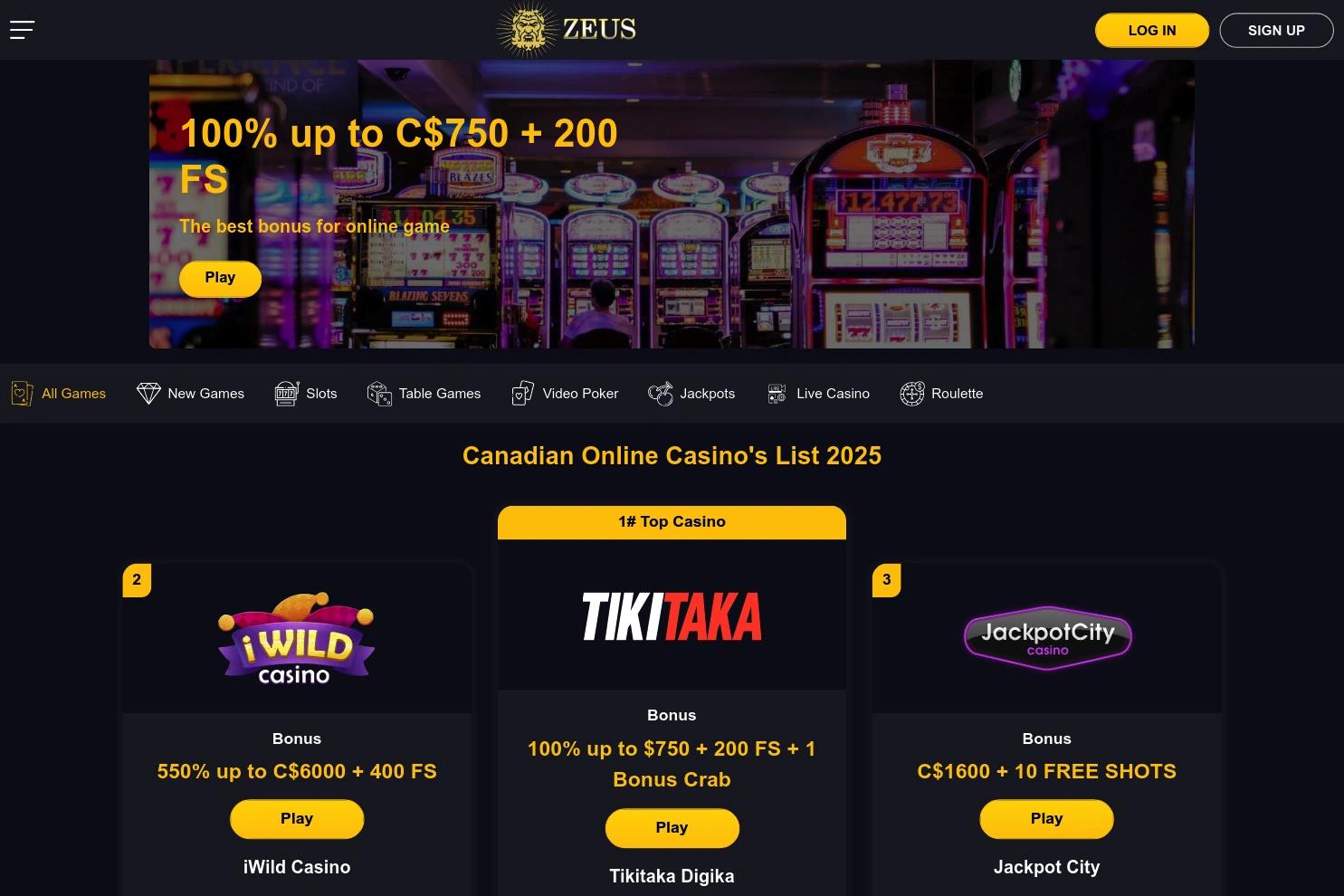 Casino Zeus website screenshot