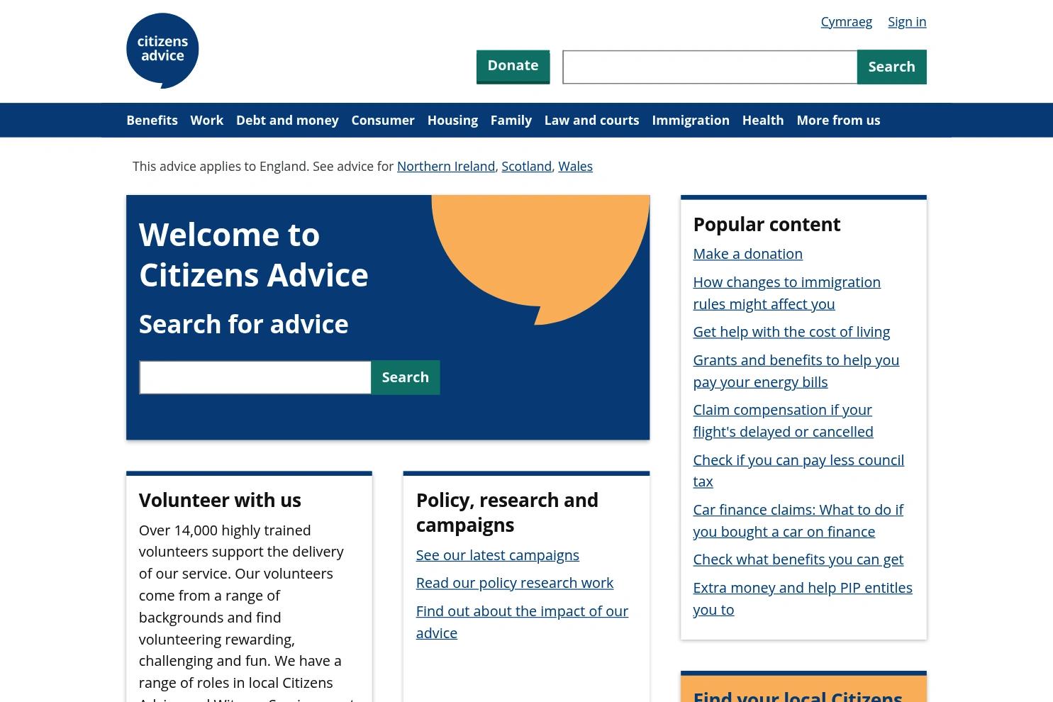 Citizens Advice website screenshot