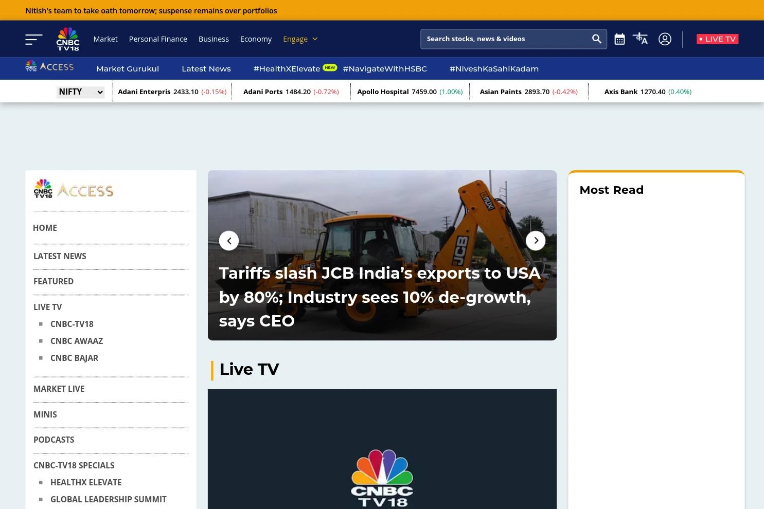 CNBC TV18 website screenshot