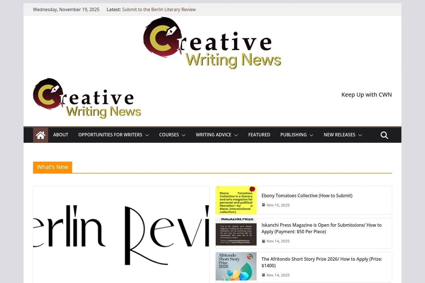 Creative Writing News website screenshot