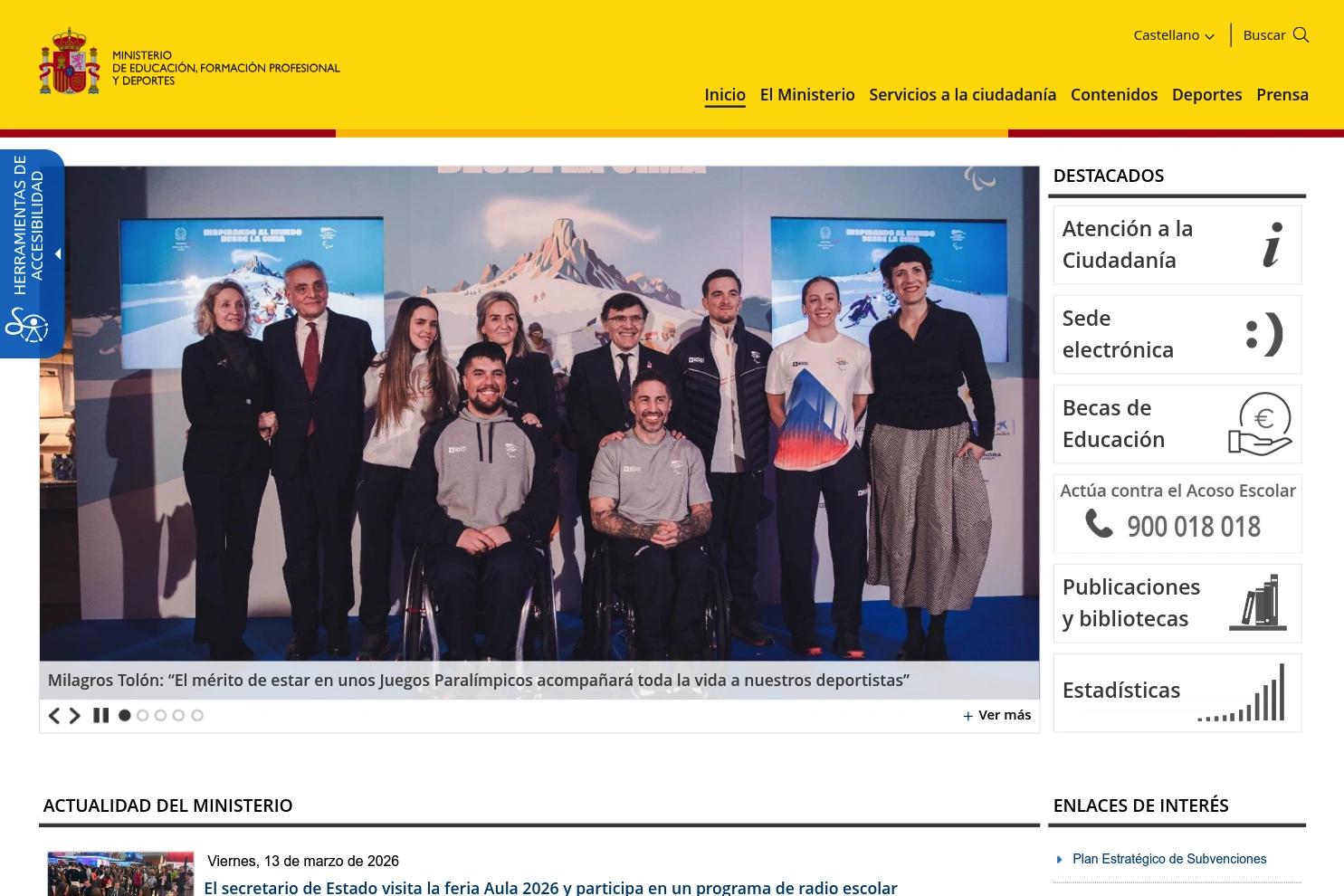 Ministerio de Educación, FP y Deportes website screenshot