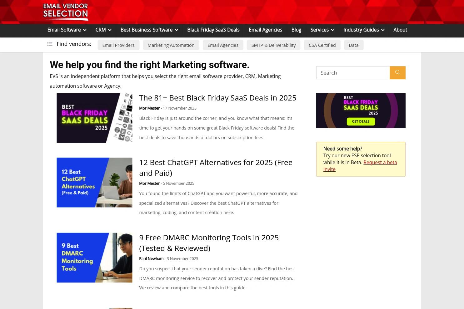 Email Vendor Selection website screenshot