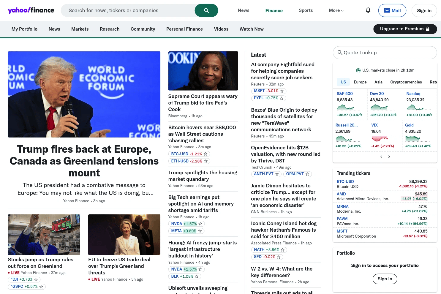 Yahoo Finance website screenshot