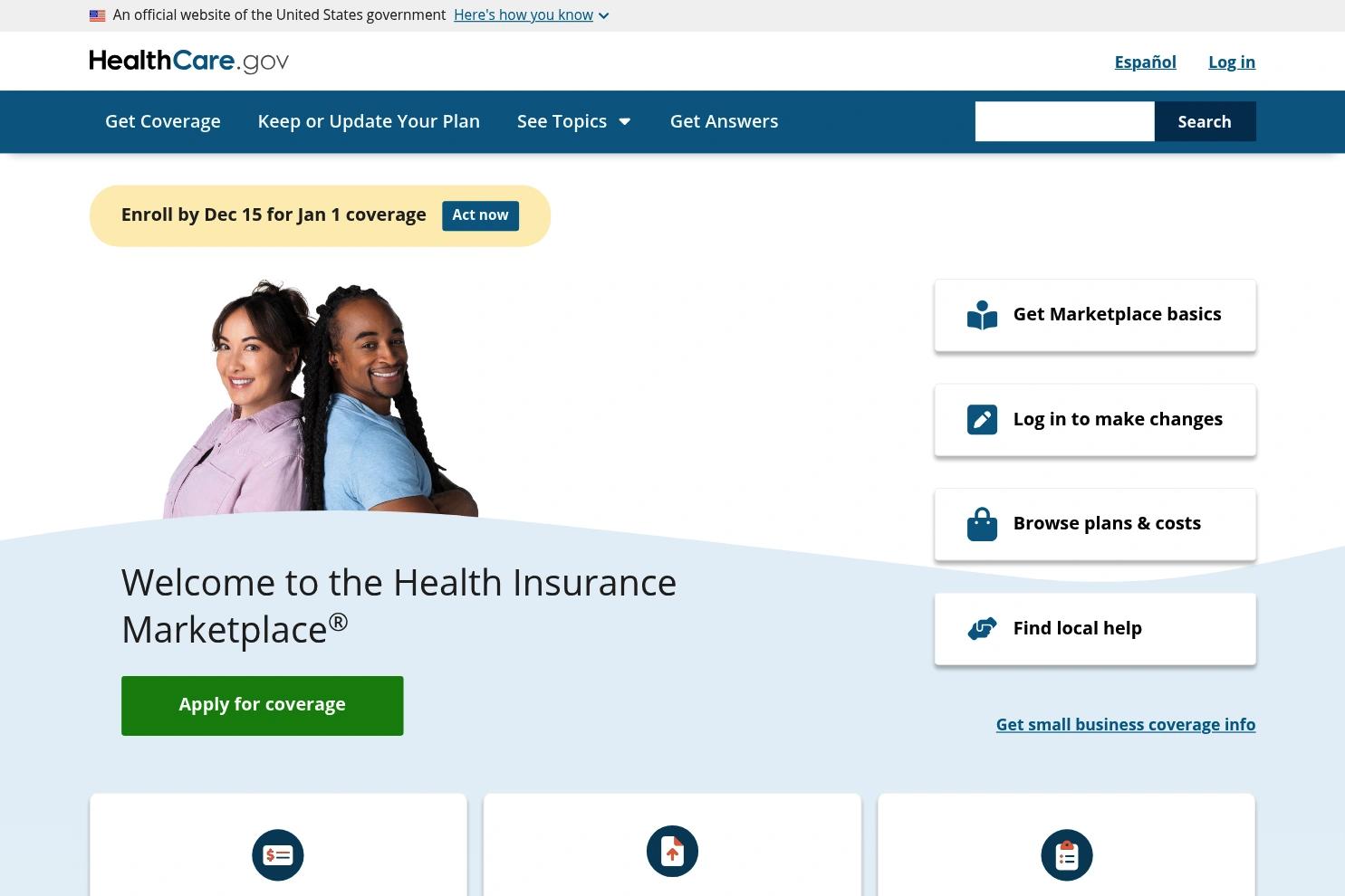 Health Insurance Marketplace website screenshot