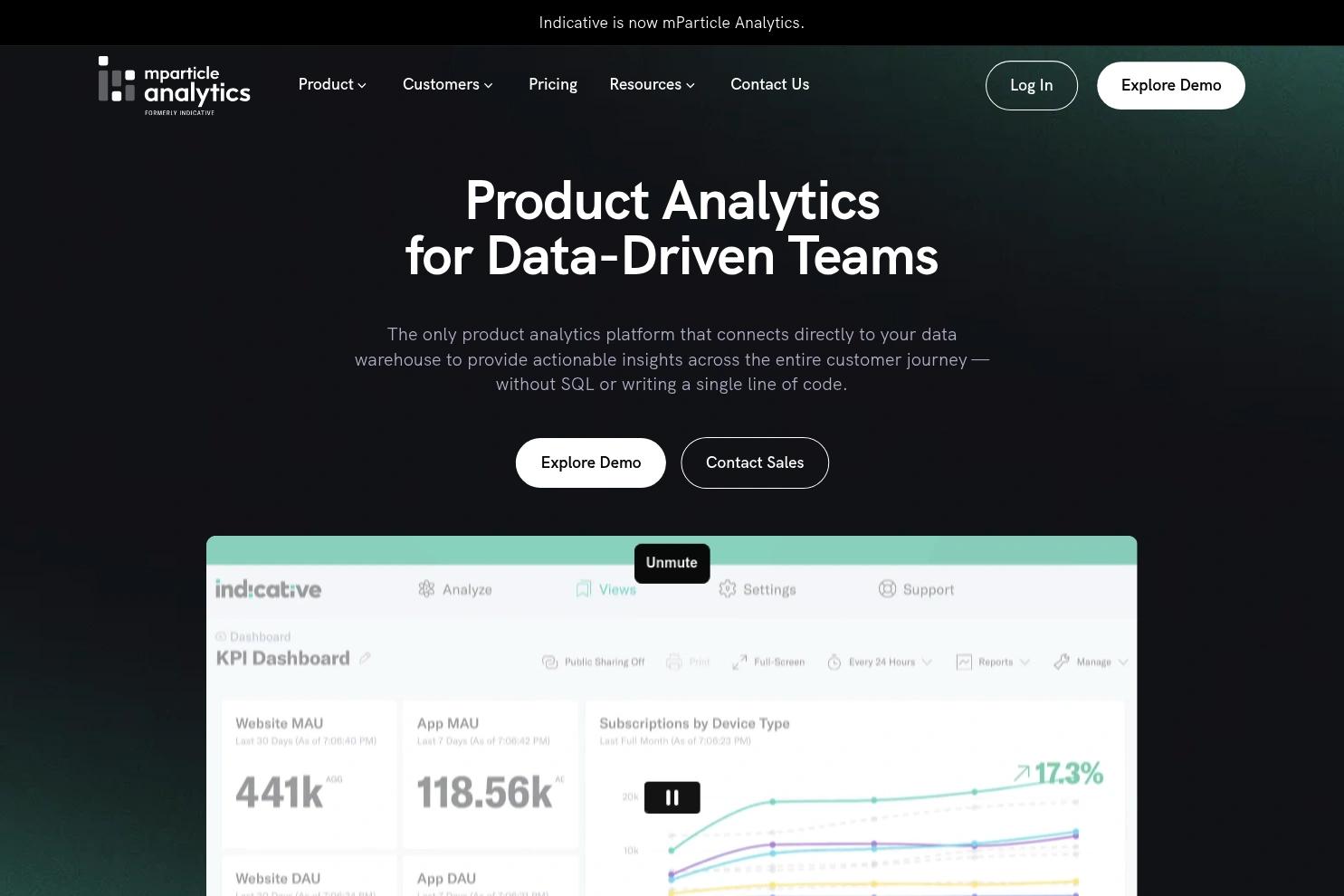 Indicative (mParticle Analytics) website screenshot