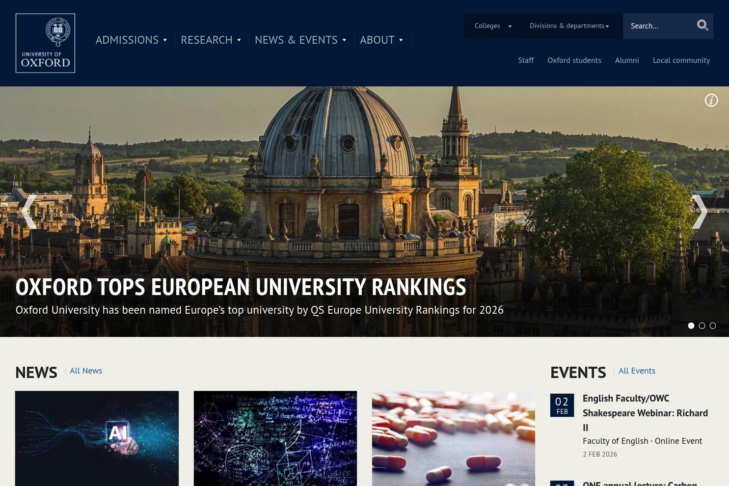 University of Oxford website screenshot