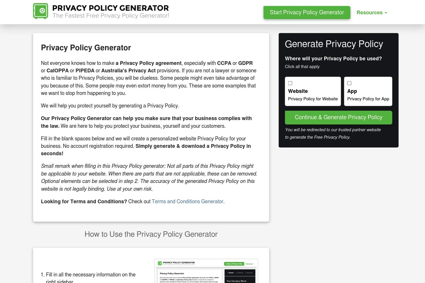 privacypolicygenerator.info website screenshot