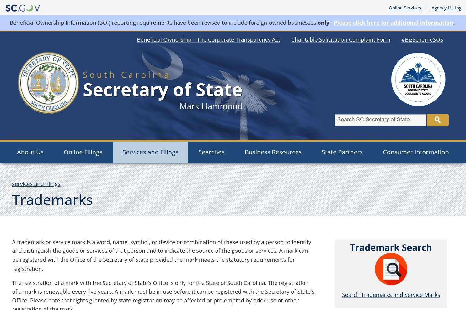 South Carolina website screenshot