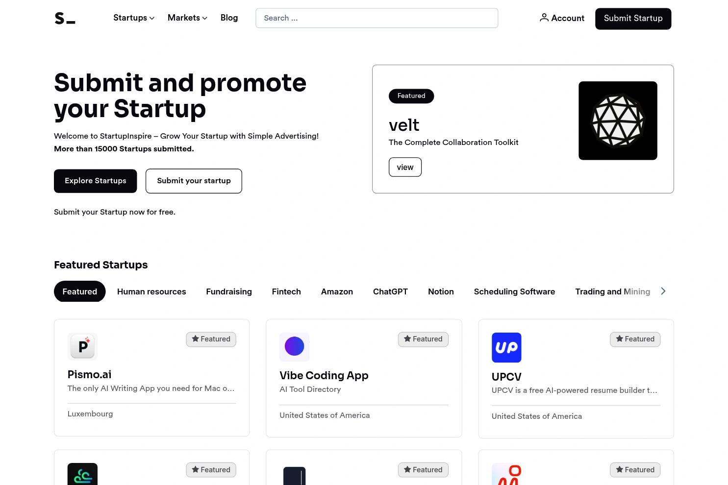 Startup Inspiration Gallery website screenshot