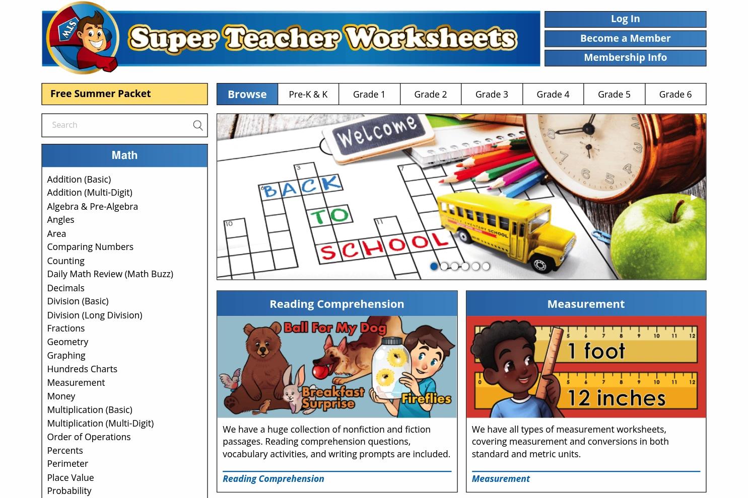 Super Teacher Worksheets website screenshot