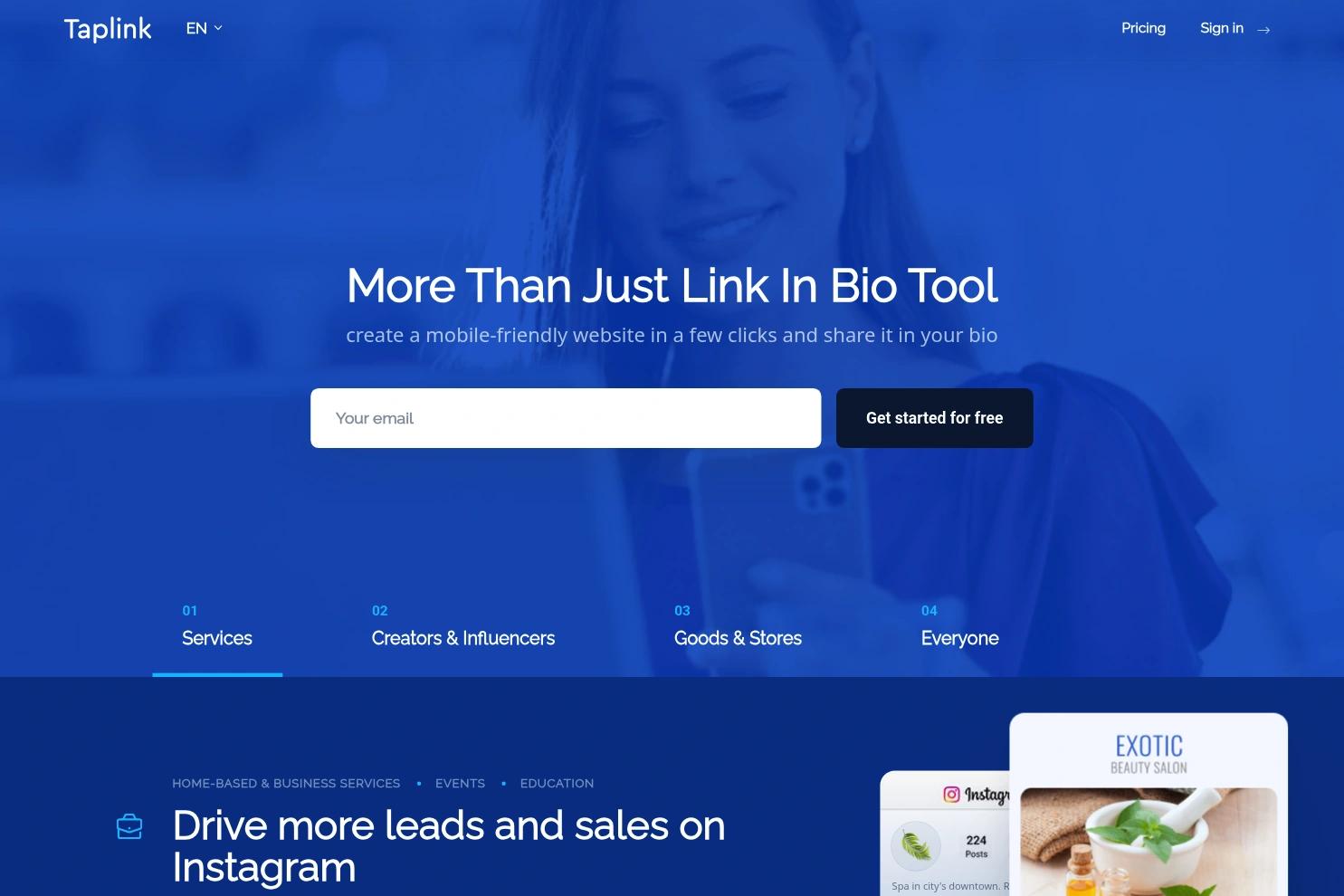 Taplink website screenshot