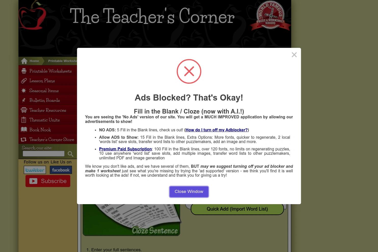 The Teacher's Corner website screenshot