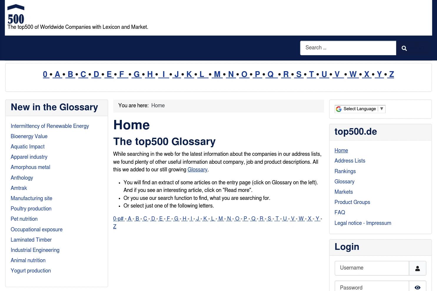 top500 Glossary website screenshot