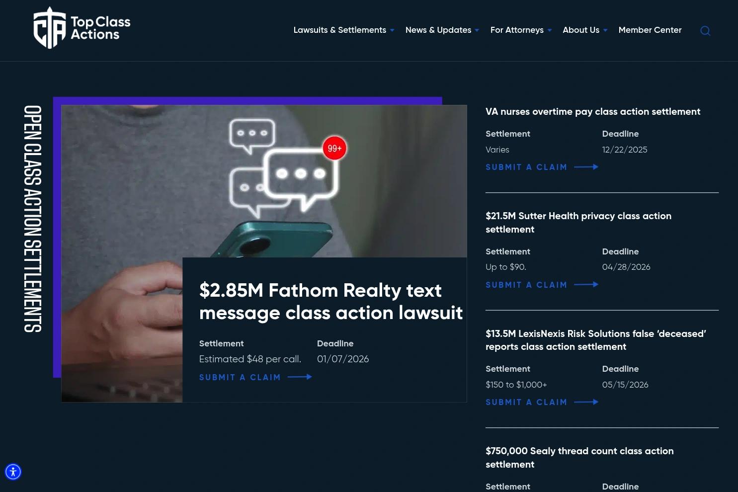 Top Class Actions website screenshot