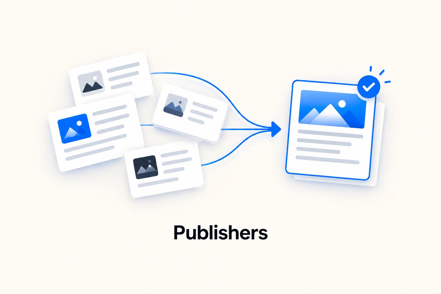 Editorial panel of publication cards flowing into one selected deal