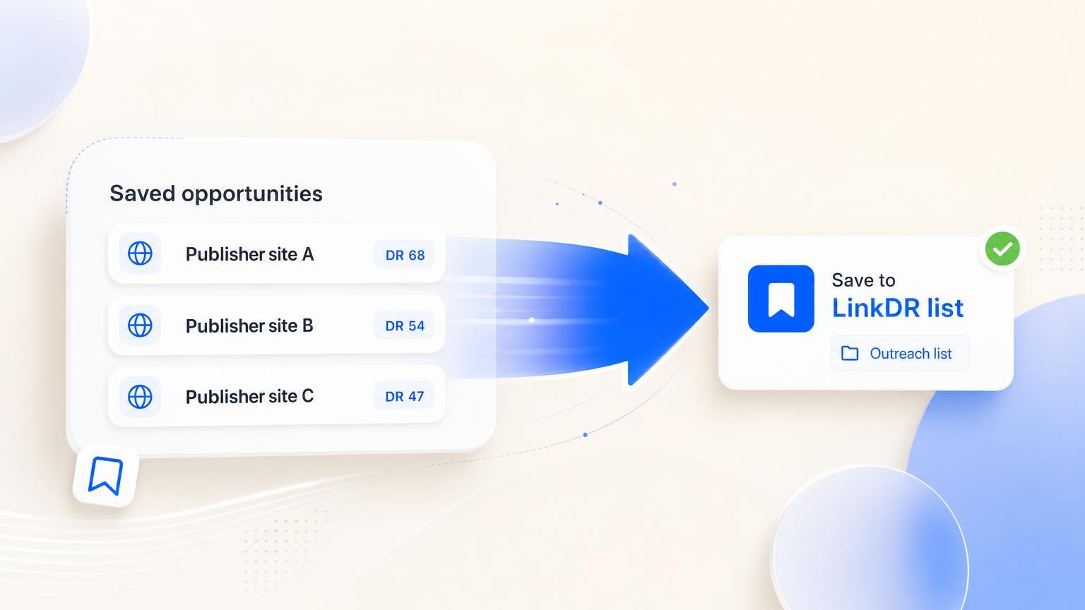 Saved backlink opportunities flowing into a publisher outreach workflow