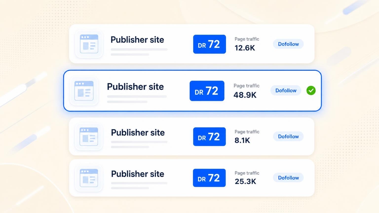 Backlink opportunity table with domain rating, traffic, and dofollow badges
