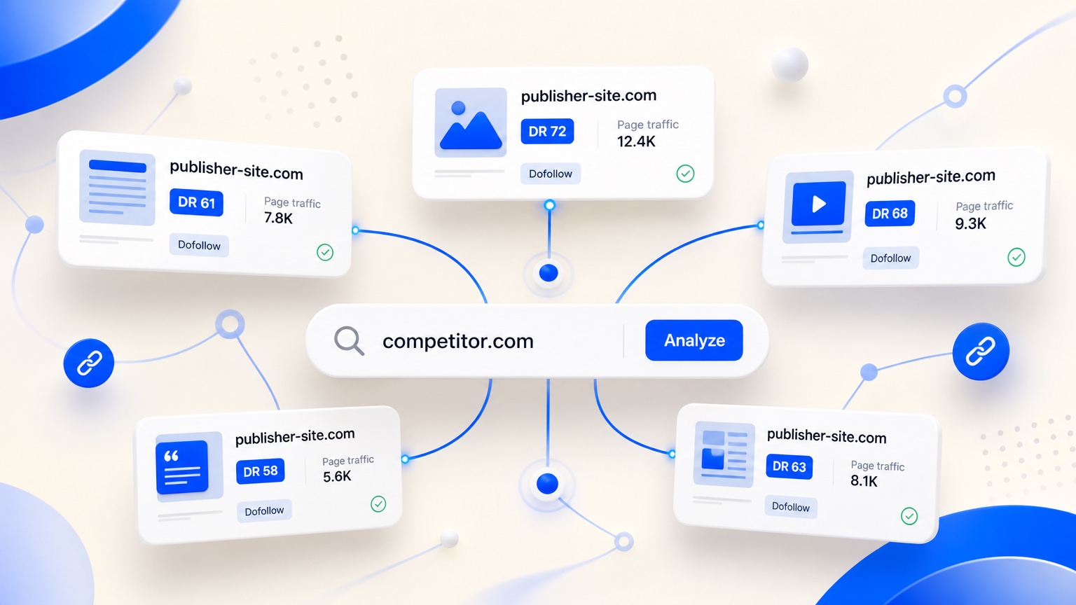 Backlink research screen showing a competitor search and referring-page graph