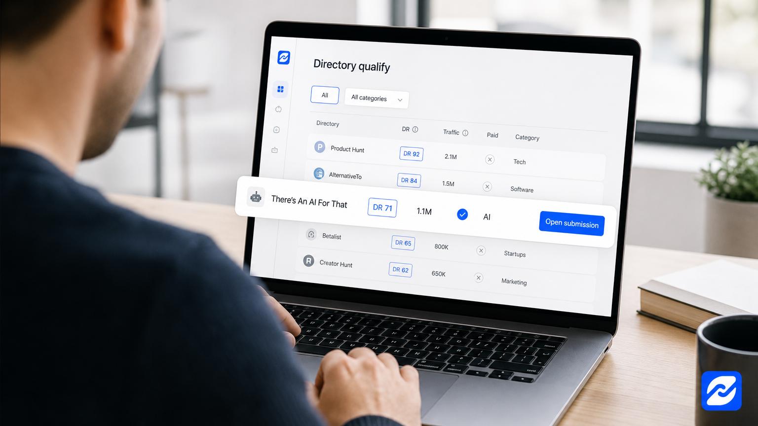 Qualified directory card with domain rating, traffic, and submission status