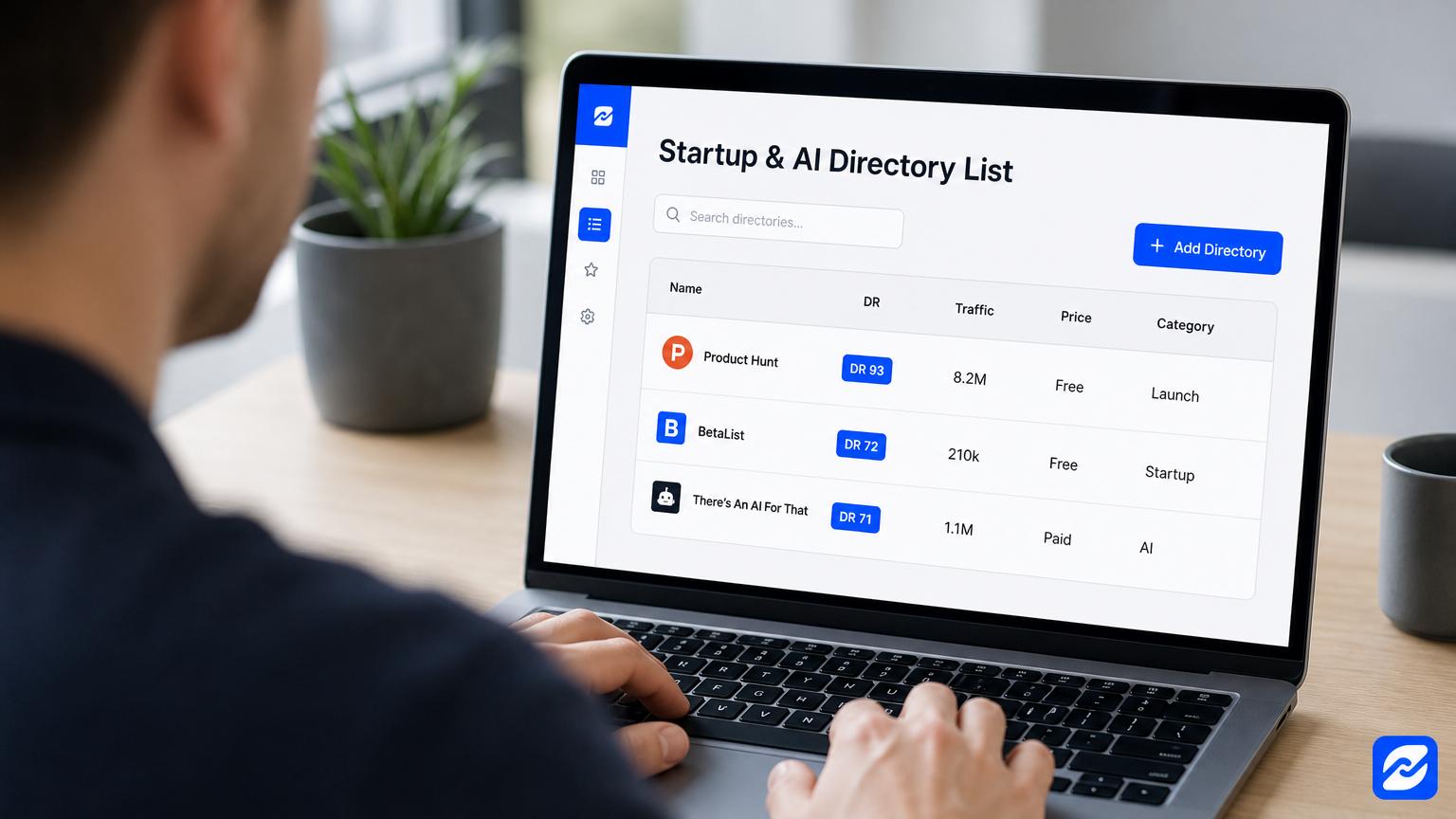 Startup directory list with search, DR badges, and categories